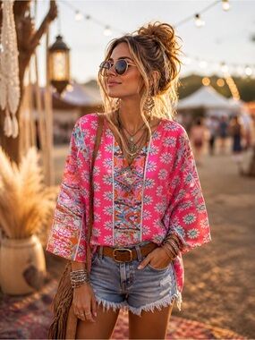 Boho Floral Pink V-Neck Women’s Tunic Top